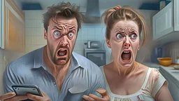 photorealistic man with woman at kitchen on cellphone upset with NO FLY list