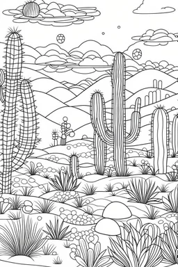 coloring page for kids, , A cute, harmonious desert oasis with cacti and mystical patterns., thick outline, low details, no shading, no color