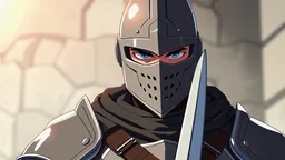 guy with a knight helmet covering his face in modern military clothes in anime