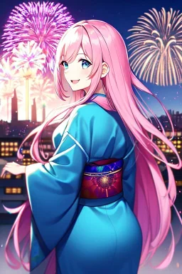 girl, masterpiece, best quality, cinematic lighting, detailed outfit, vibrant colors, perfect eyes, long hair, pink hair, blue eyes, kimono, fireworks, laughing, town, looking back,