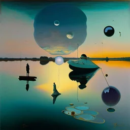 dusk landscape with lake,boat and human body, universe-like Soap Bubble,complex surgical instruments mixed with human body-like musical instruments,minimalism,Painting By Adrian Ghenie, Rene Magritte, Salvador Dali, Lucian Freud