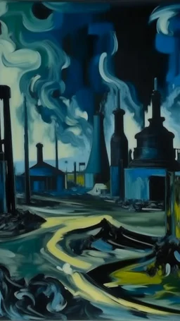 A bluish black facility zone with nuclear missiles painted by Paul Cezanne