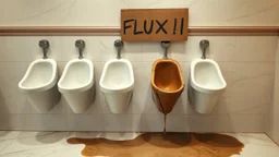 row of fine white porcelain urinals lined up on a wall in a nice restaurant men's room with marble floors and walls but one of the urinals is brown with a giant crack and is leaking brackish water on floor, above the broken urinal is a cardboard sign with written text "FLUX1.1", puddle of dirty water on floor, concept art, hyperreal