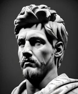 Gran angular, Realistic image, roman sculpture, marble material, Lionel Messi, Laurel wreath model, miguel angel style, emperador, God light, god rays, 4k resolution, ornate details, soft lighting, unreal engine 5, soft cyan background.