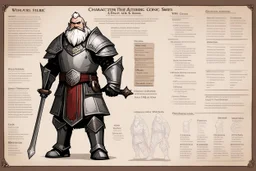 character concept sheet with AD&D statistics and characteristics, [wii No More Heroes style with thick lines] a dwarf cleric in heavy armour and his mace