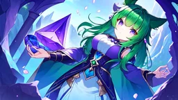 A girl with green hair touches a magical purple stone by the river, and she ears star growing!