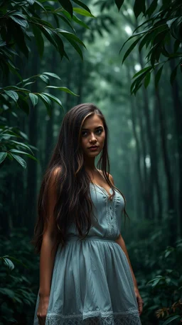 A beautiful young woman standing in a dramatic scene in a dense forest with A FIR BRUNCH under the rain. The background should feature raindrops falling around the leaves.