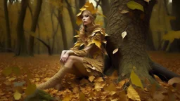 woman made of tiny autumn leaves, legs and arms made from branches, sitting next to a tree stump, in an autumn wood