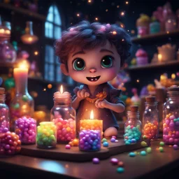 magic shop, magical treats and candy in jars, tiny cute magical creature standing on desk and eat a glowing magic candy, happy surprised face expression, very dark room, candle light, bright vibrant colors, glowing sparkle particles, dark tone, sharp focus, high contrast, 8k resolution, incredible depth, shallow depth of field, dramatic lighting, beautifully intricate details, clean environment, epic dynamic scene