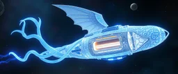whip tailed, celtic knot hollow tube transparent core ornate indented space ship, shiny bright mega ship flourescent white blue like bubble gum with a few big windows and decks, interdimensional twister, rock against colored spaced fog, space interior. split tail, winged serpent, glowing aura
