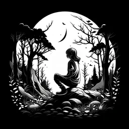 Girl siting alone in the forest , Midnight moon can be seen . some intresting form trees all around, white background , only black and white colors , clean lines and outlines, hd , tshirt design vector