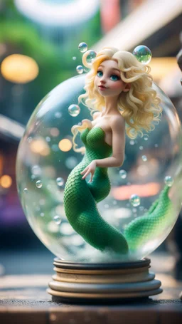 portrait of singing tiny green mermaid snake winged fairy with blonde swirly hair completly inside crystal ball bubble at the train station under waterfall,bokeh like f/0.8, tilt-shift lens 8k, high detail, smooth render, down-light, unreal engine, prize winning