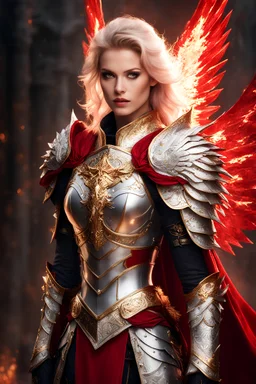 Gorgeous Photography Beautiful Woman dressing silver and golden knight armor with glowing red eyes, and a ghostly red flowing cape, crimson trim flows throughout the armor, golden and silver spikes erupt from the shoulder pads, silver and gold angel wings, crimson hair, spikes erupting from the shoulder pads and gauntlets in hellfire background