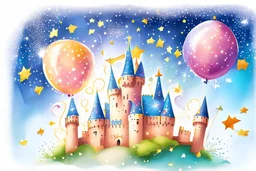 a sparkling star, a castle, elements like balloons and confetti. children book style illustration. realistic