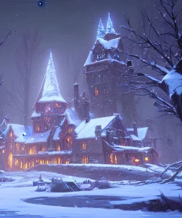 A magical snowy warlock castle in Christmas time