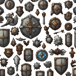 Sprite sheet, shield, icons, survival game, white background, ,