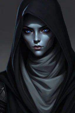 female warforged artificer with smooth silver skin, black clothing and hood, her lower face covered and with blue eyes