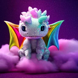 portrait of cute, adorable baby dragon made of crystals and gems, glittery scales, iridescent wings, on a cloud of cotton candy, muted rainbow colors, intricate, fine detail, 8k, sharp, crisp, high-quality, 3d octane render