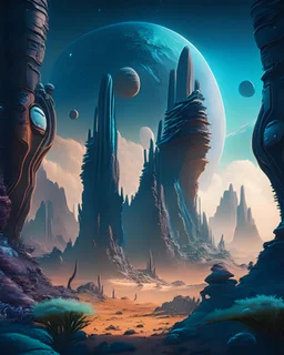A breathtaking vista of an alien landscape, with towering rock formations, otherworldly flora and fauna, and a vibrant sky filled with multiple moons, in the style of sci-fi concept art, rich textures, atmospheric lighting, and a sense of scale, 18K resolution, inspired by the works of H.R. Giger and Syd Mead, showcasing the wonder and mystery of extraterrestrial worlds.