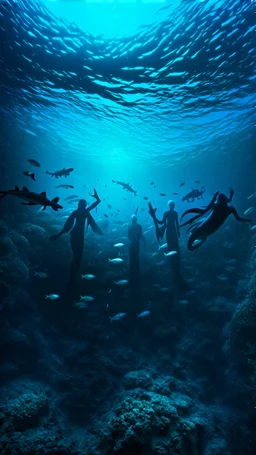 Underwater scene: the dark depths of the ocean, among which the silhouettes of creatures personifying fears are visible. The light barely penetrates from above, creating sharp contrasts.