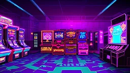 A dark photo of the corners of an 80's aesthetics arcade at night, with a lot of functioning arcade machines, a vaporwave floor and some colorful tiles in between the floor. Purple aesthetics.