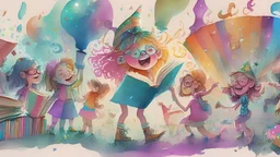 Illustration of party, book-style, animated, cartoon, vivid colors, fantastical, watercolor