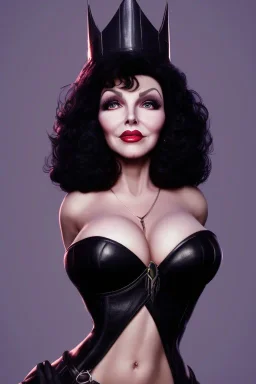 Joan Collins as evil queen in black leather, leather, busty, cleavage, angry, stern look. character design by cory loftis, fenghua zhong, ryohei hase, ismail inceoglu and ruan jia. unreal engine 5, artistic lighting, highly detailed, photorealistic, fantasy