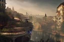 Tevere+river+Bar on garden rooftops +Rome mixed new york +Skyscraper +steampunk+biopunk+alphonse mucha, greg rutkowski,matte painting, cryengine, hyper detailed, felix kelly, fantasy art, seb mckinnon