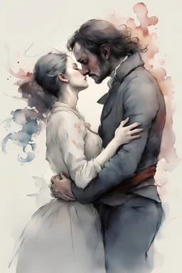 drawing of two people, Constance Buonasier and Dartagnan, characters of Dumas bending towards her in a half-bow, with a kiss on the hand, a solemn gesture, shy, beautiful illustration, Gene Wolfe, background of scenes from the film watercolor style of Mgali Villeneuve, by Ryohei Hase, Agnes Cecile, Raymond Swanland, Anne Bachelie