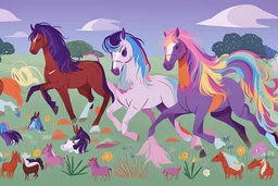 illustration fantasy horses of different colors in a field from afar