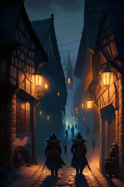 A street in Vallaki in the late evening with in the distance Izek Strazni, the captain of the guard, together with two guards. A fantasy RPG style image.