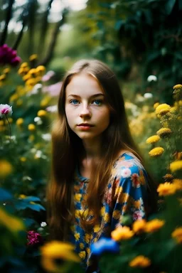 vackraste tjejen i en skog bland massa blommor och växter