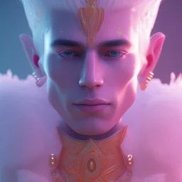 A portrait of a crystalised blue pink king, gold, sunny background, atmospheric, realistic, unreal engine, 8k. Cinematic lighting, octane render.