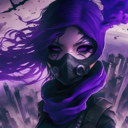 Goth girl, pose falling, mask face japan, city in the sky, monster tar, air view, purple tones,burnin all, loftcraft,