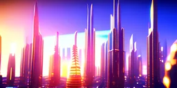 Abstract alien City, skyscrapers and sparkles. realistic, photo real, clear sunny background, highly detailed, high contrast, 8k high definition, unreal engine 5, extremely sharp detail, sunny light background