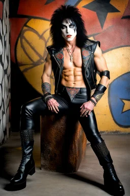 text 'KISS' - head and shoulders portrait, KISS - muscular 20-year-old Paul Stanley, Black star on right eye, Chest and stomach hair, rose tattoo on right shoulder, black spandex and leather, 8-inch high platform boots, - a multicolored cement wall in the background,