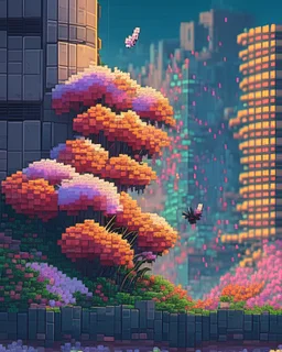 pixel art tokyo. 3d pixel art 4k wallpaper. incredible pixel art details. flowers. pixel art. lots of flowers in foreground