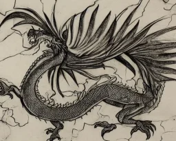 Dragon schematic by Leonardo Da Vinci, black paper, white ink drawing, dragon head, dragon body, notes written messily around