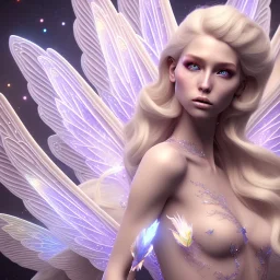 beautiful blonde fairy in a galactic ambiance, detailed gorgeous face, transparent wings, delicate colors, finely tuned detail, ultra high definition, 8 k, unreal engine 5, ultra sharp focus