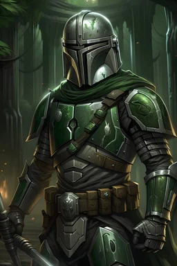 A Mandalorian warrior wearing dark green and gunmetal grey beskar armor. He wields an Amban sniper wiflee and vibrosword. His right shouler bears the insignia of the Tuk'ata.