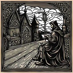 Medieval woodcut style painting of a man playing a Video game