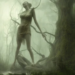 giant old statue wornderfull woman, abandoned between moutain, swamp, water, glass, fog, highly realistic, highly detailed, intricate, 8k