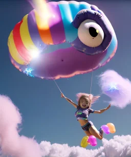 Ultra realistic speed clouds sky scene, wide angle view, sweet childs falling down, inflatable color clothing, free jumping flying, many trinkets, monster head, hair monster, many jelly beans, balls, smile, happy, circus style, extreme, wind, clouds sea, 20,000 feet altitude, stratosphere, soft color, highly detailed, unreal engine 5, ray tracing, RTX, lumen lighting, ultra detail, volumetric lighting, 3d, finely drawn, high definition, high resolution.