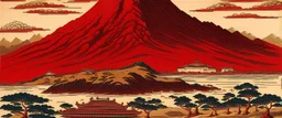 A dark red palace near a volcano painted by Katsushika Hokusai