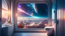 Photoreal futuristic space bathroom with a window viewing a nebula by soft Ambient light