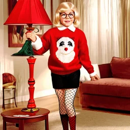 Movie poster for 'A Christmas Story', blonde Ralphie wearing an ugly red Christmas sweater and thick lens glasses at a lamp with a lamp stem shaped like a woman's leg in a fishnet stocking, humorous, nostalgic, 1950's aesthetic, background is a living room