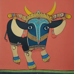 cow with hands and wings in Indian painting style