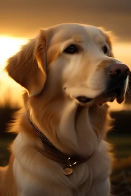 Portrait of a golden retriever with a collar on that ses sunset