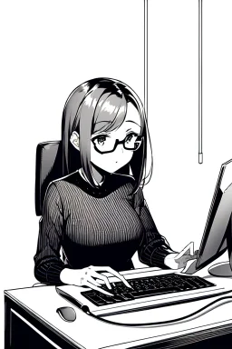 girl with glasses works on a computer in a cafe, line arts, greyscale