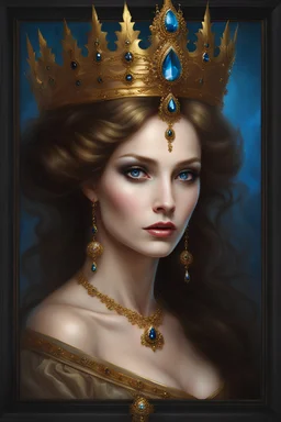 Gothic Gold framed painted portrait of a beautiful queen. her hair is long and light brown in colour and she has blue eyes, dark fantasy